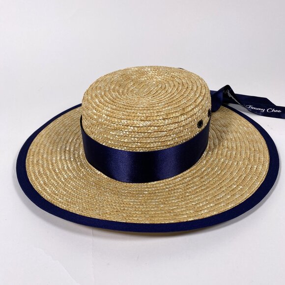 JIMMY CHOO x MYTHERESA Natural Straw Navy Trim 'Panama' Hat - Picture 4 of 9